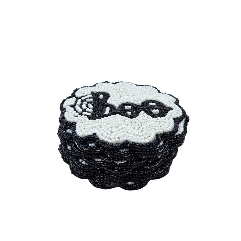 8 Beaded Halloween Coasters BOO Spiderweb Black and White Set of 8